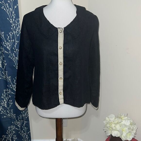 Flax Button Front Linen Top Lagenlook Collared Black Cream sz S Small Boxy - Picture 1 of 7